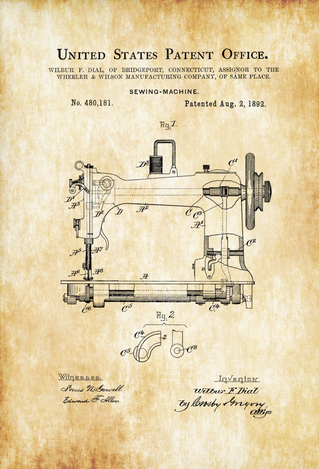 Disegno tecnico di brevetto di una delle prime macchine per cucire industriali